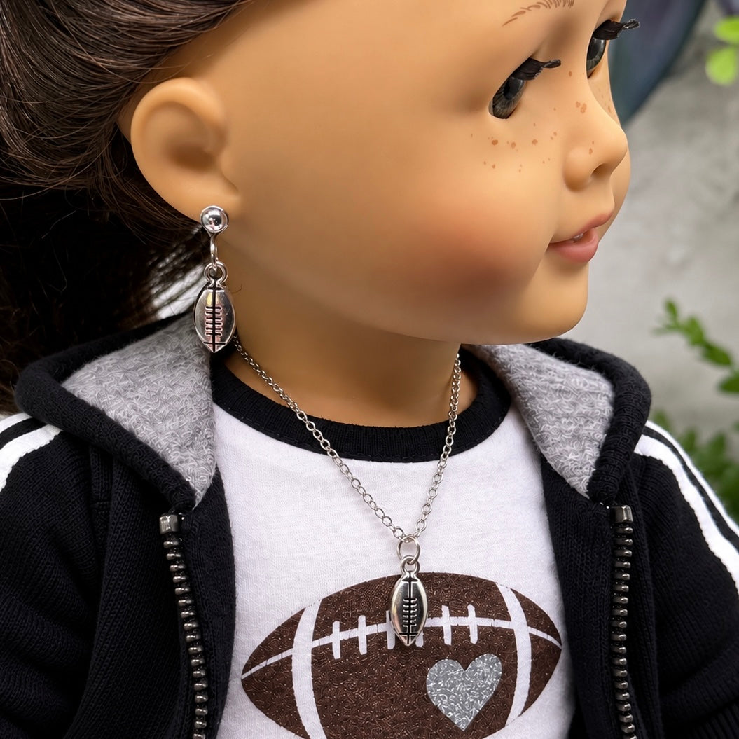 Silver Football Sports Charm Doll Necklace & 2mm Post Earrings | for 18 Inch Doll • American Girl