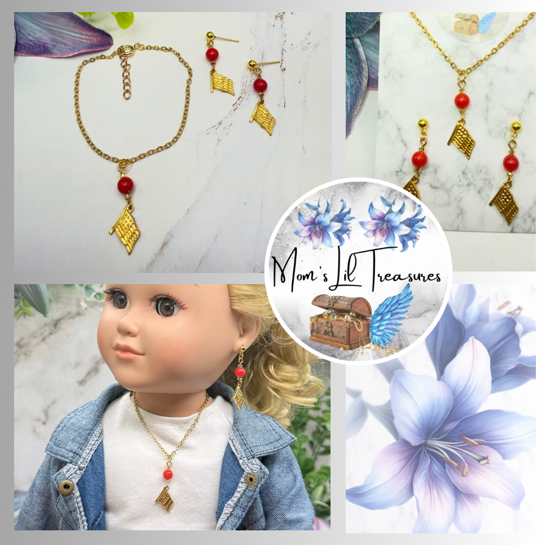 Red Bead Gold Flag Dangle Doll Necklace & Earrings Set for 18 Inch Fashion Doll