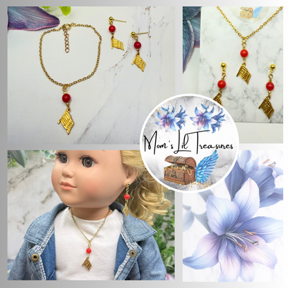 Red Bead Gold Flag Dangle Doll Necklace & Earrings Set for 18 Inch Fashion Doll
