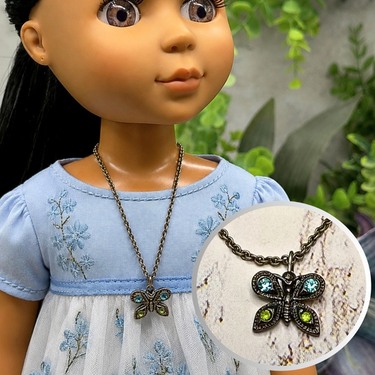 Butterfly Green Blue Rhinestone Pendant Gun Metal Silver Doll Necklace • 14 Inch Fashion Doll Jewelry