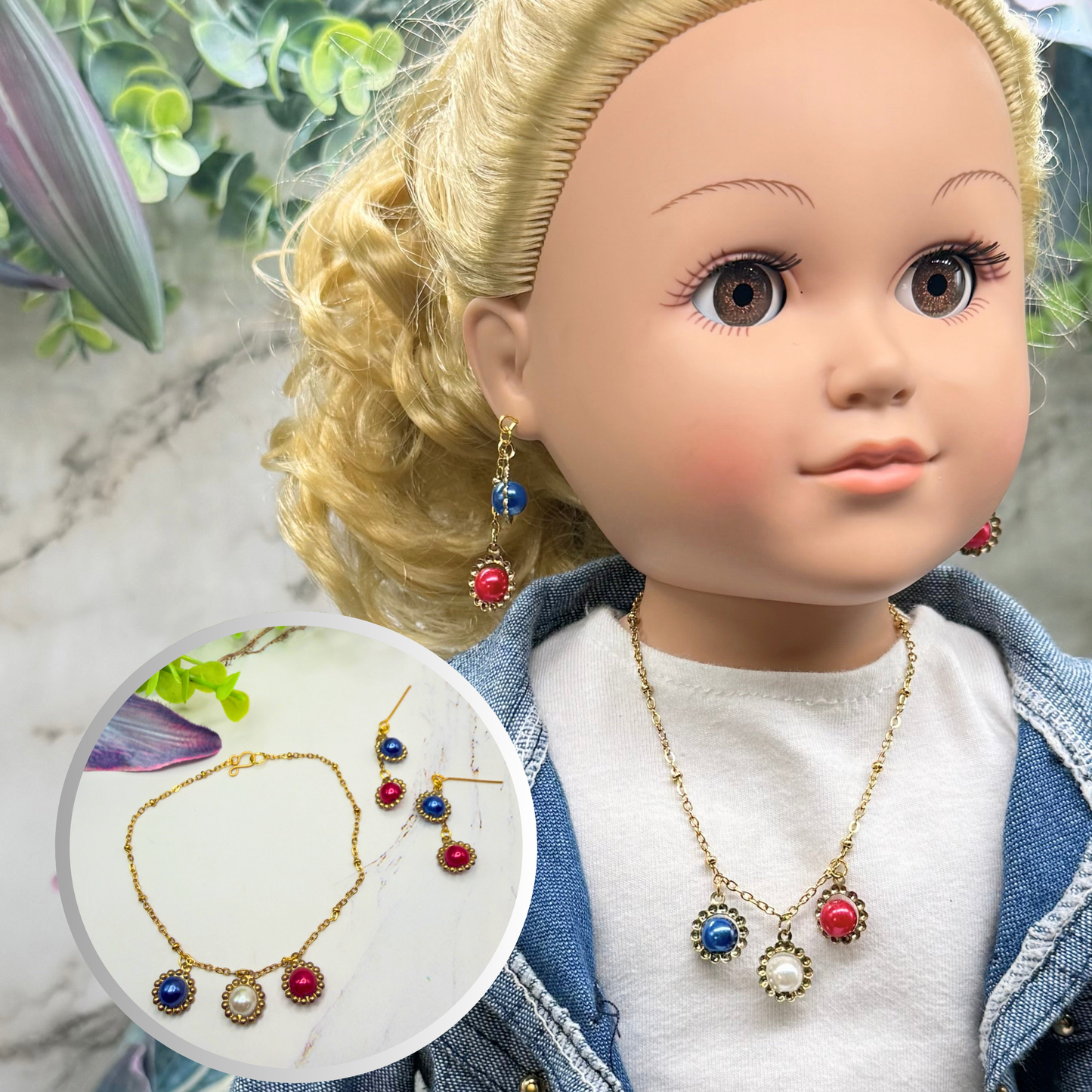 Red White Blue Pearl Dangle Gold Doll Necklace & Earrings Set for 18 Inch Fashion Doll