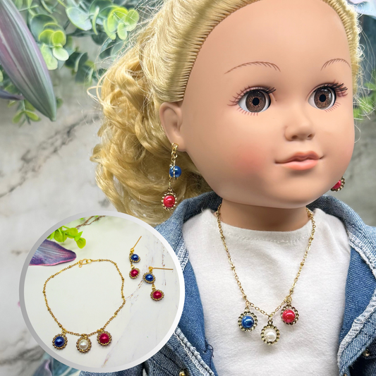Red White Blue Pearl Dangle Gold Doll Necklace & Earrings Set for 18 Inch Fashion Doll