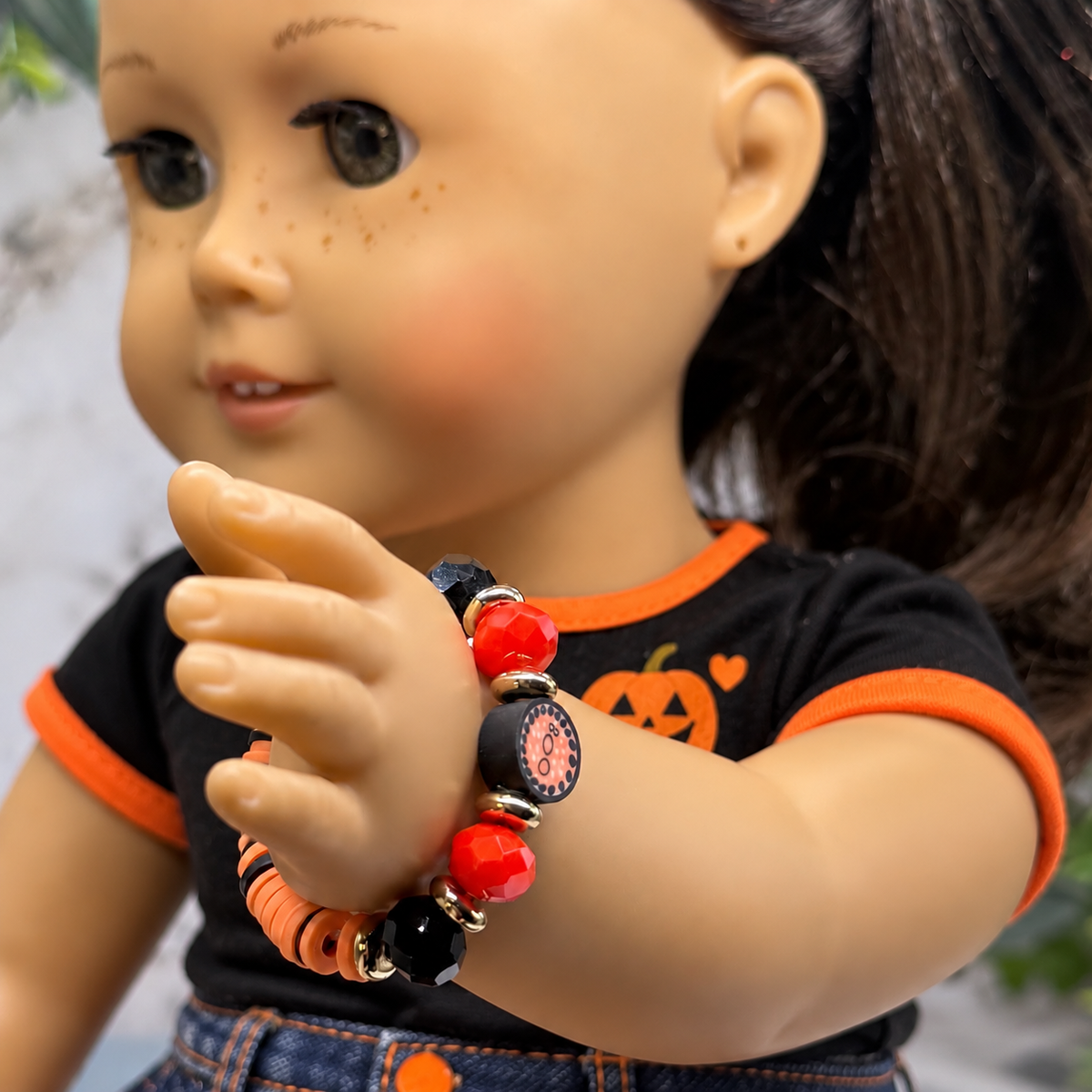 Orange Black Red Beaded Boo Halloween Stretch Bracelet | for 18 Inch Fashion Doll