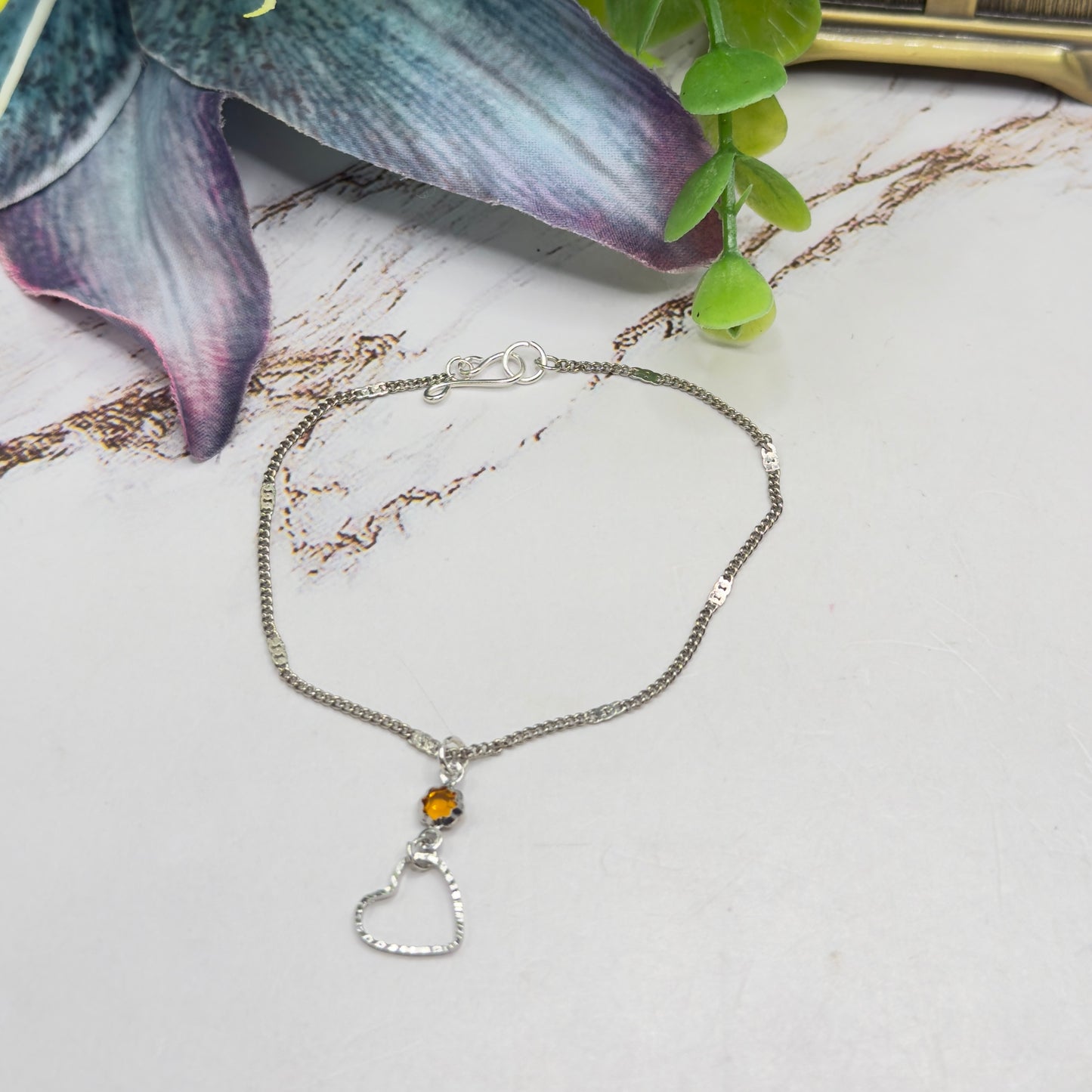 Yellow Orange Crystal Silver Open Heart Charm Doll Necklace • 18 Inch Fashion Doll Jewelry