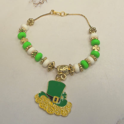 Leprechaun Hat Charm Green White Gold Beaded Doll Necklace • 18 Inch Fashion Doll Jewelry