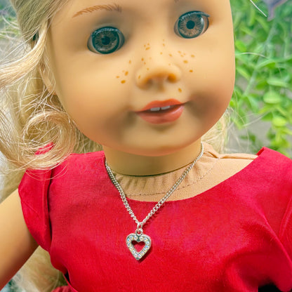 Rhinestone Heart Charm Silver Doll Necklace • 18 Inch Fashion Doll Jewelry