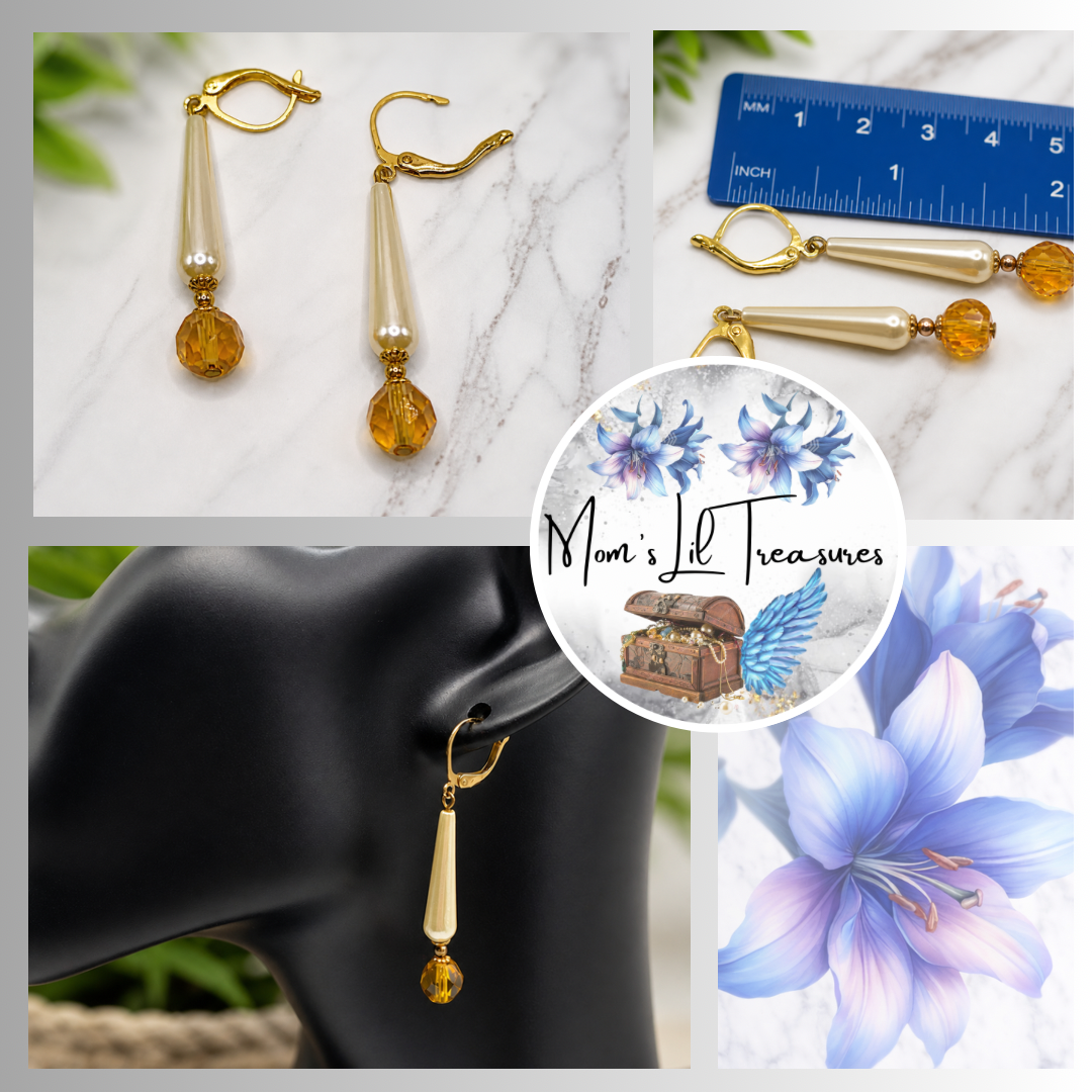 Elongated Teardrop Pearl & Gold Glass Crystal Drop Dangle Earrings - Handmade