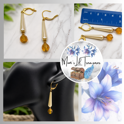 Elongated Teardrop Pearl & Gold Glass Crystal Drop Dangle Earrings - Handmade
