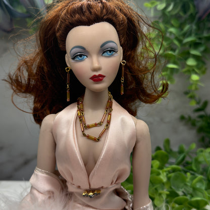 Pink Orange Glass Doll Necklace Earrings Set • 16” Fashion Doll Jewelry