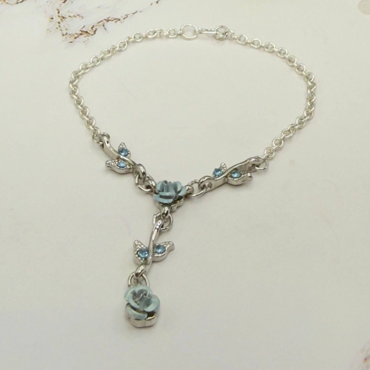 Light Blue & Silver 3D Rose Enamel & Rhinestone Accents Y-Design Doll Necklace • 18 Inch Fashion Doll Jewelry
