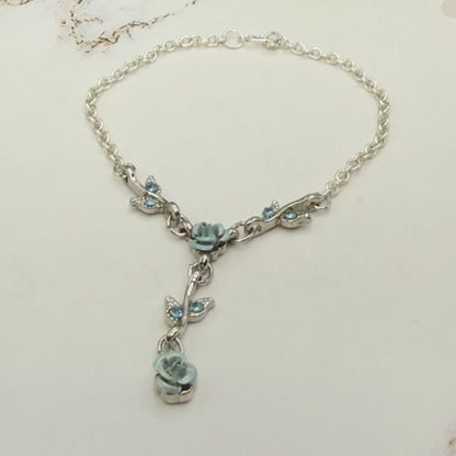 Light Blue & Silver 3D Rose Enamel & Rhinestone Accents Y-Design Doll Necklace • 18 Inch Fashion Doll Jewelry