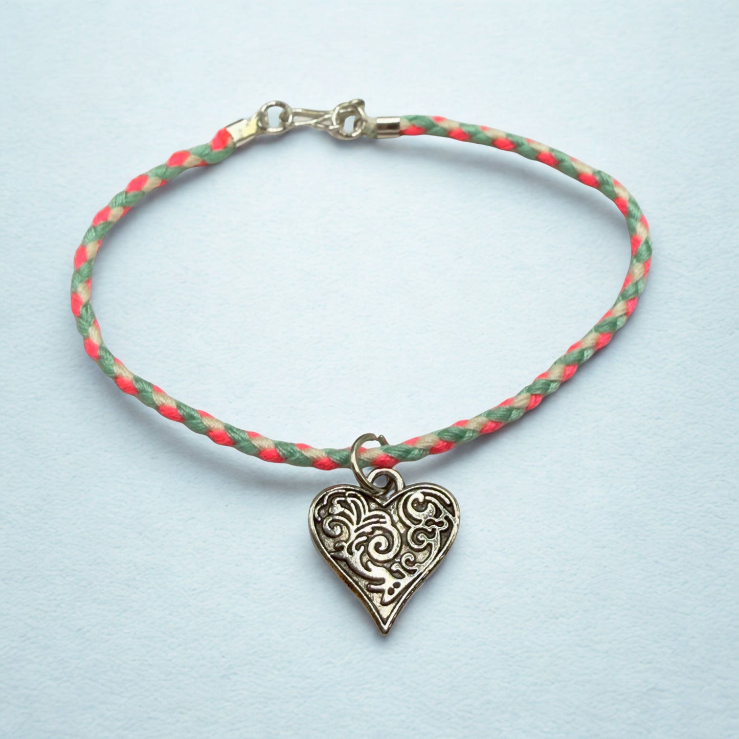 Pink Blue White Braided Thread Silver Heart yuhCharm Doll Necklace • 18 Inch Fashion Doll Jewelry