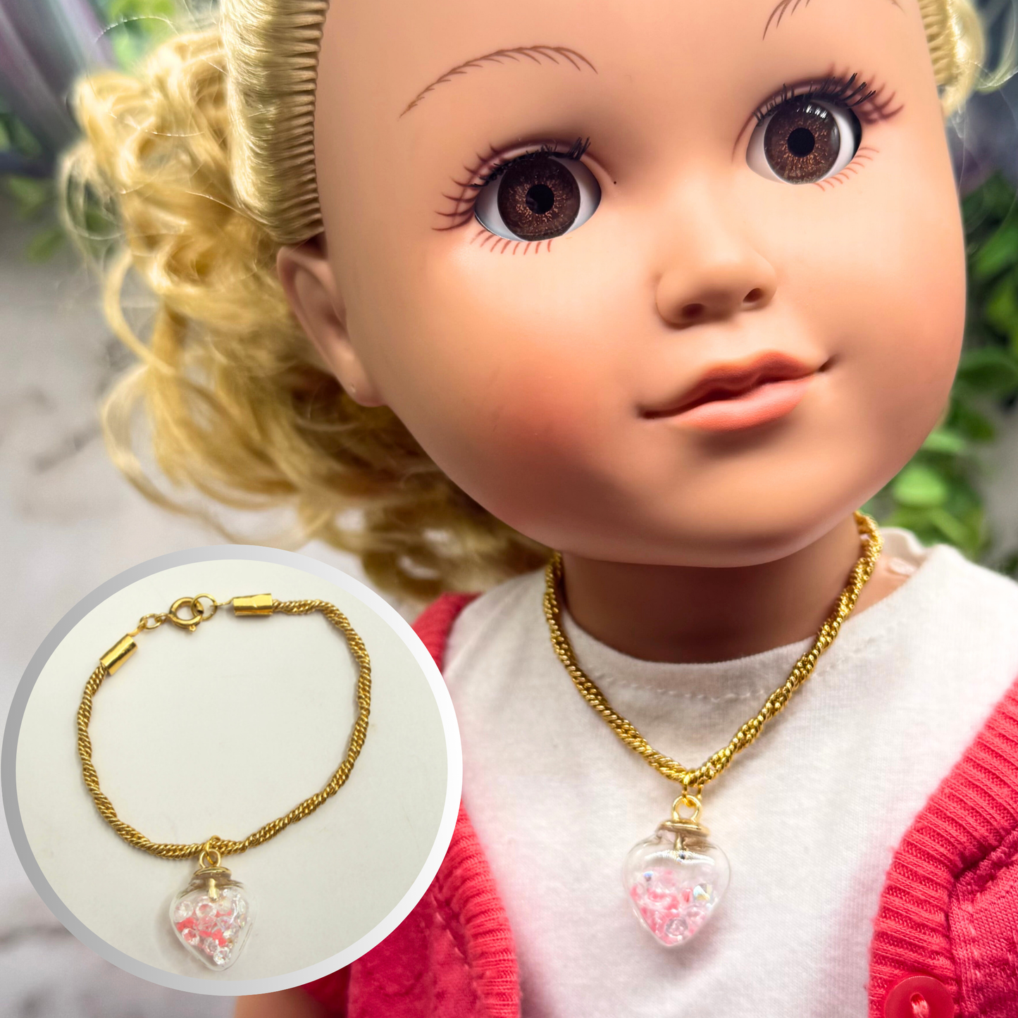 Clear Heart with Coral/Pink Crystals (Glow in Dark) on Gold Chain Doll Necklace • 18 Inch Fashion Doll Jewelry
