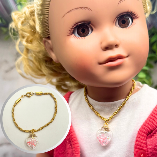Clear Heart with Coral/Pink Crystals (Glow in Dark) on Gold Chain Doll Necklace • 18 Inch Fashion Doll Jewelry