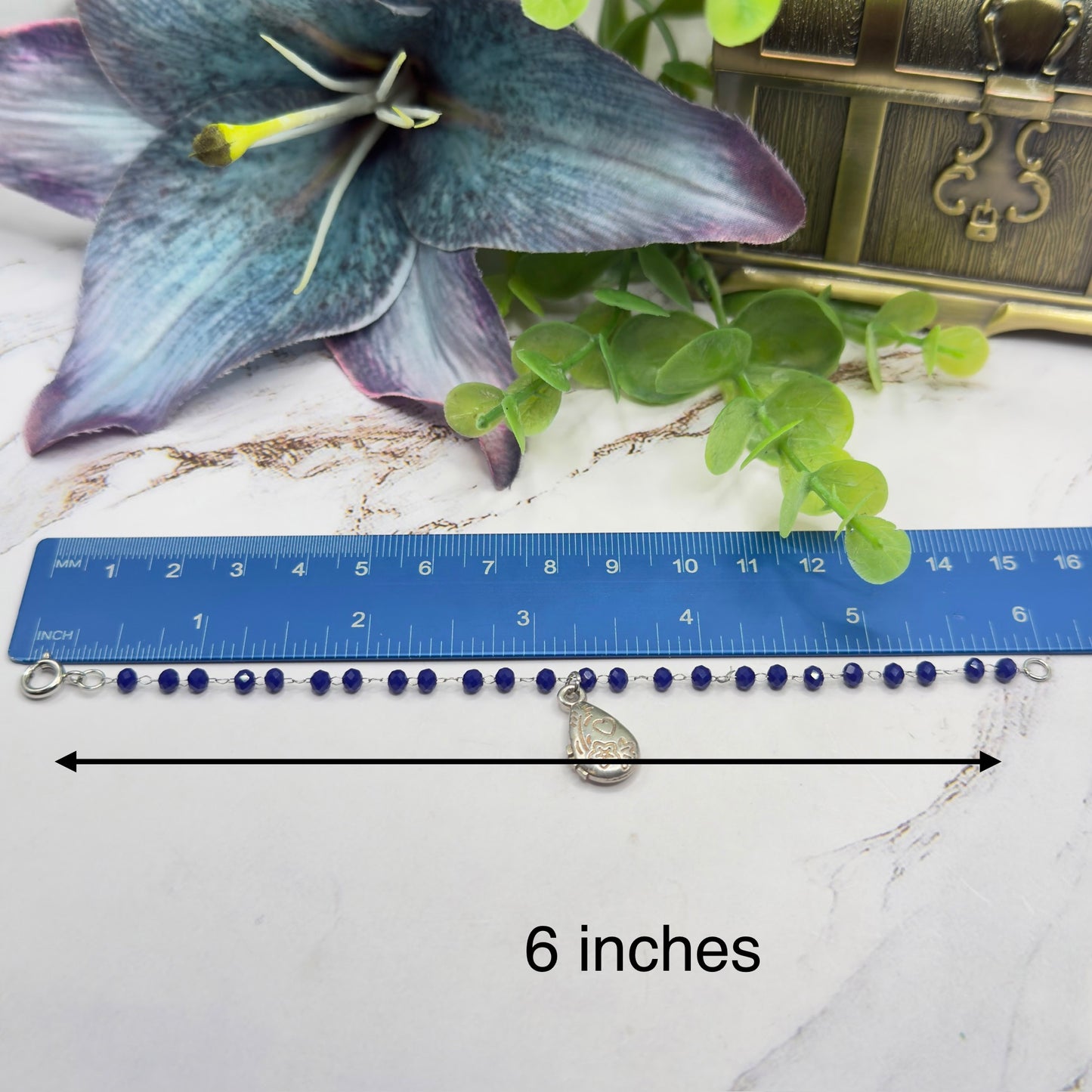 Blue Glass Crystal Beaded Chain Silver Teardrop Heart Flower Design Pendant Doll Necklace • 18 Inch Fashion Doll Jewelry