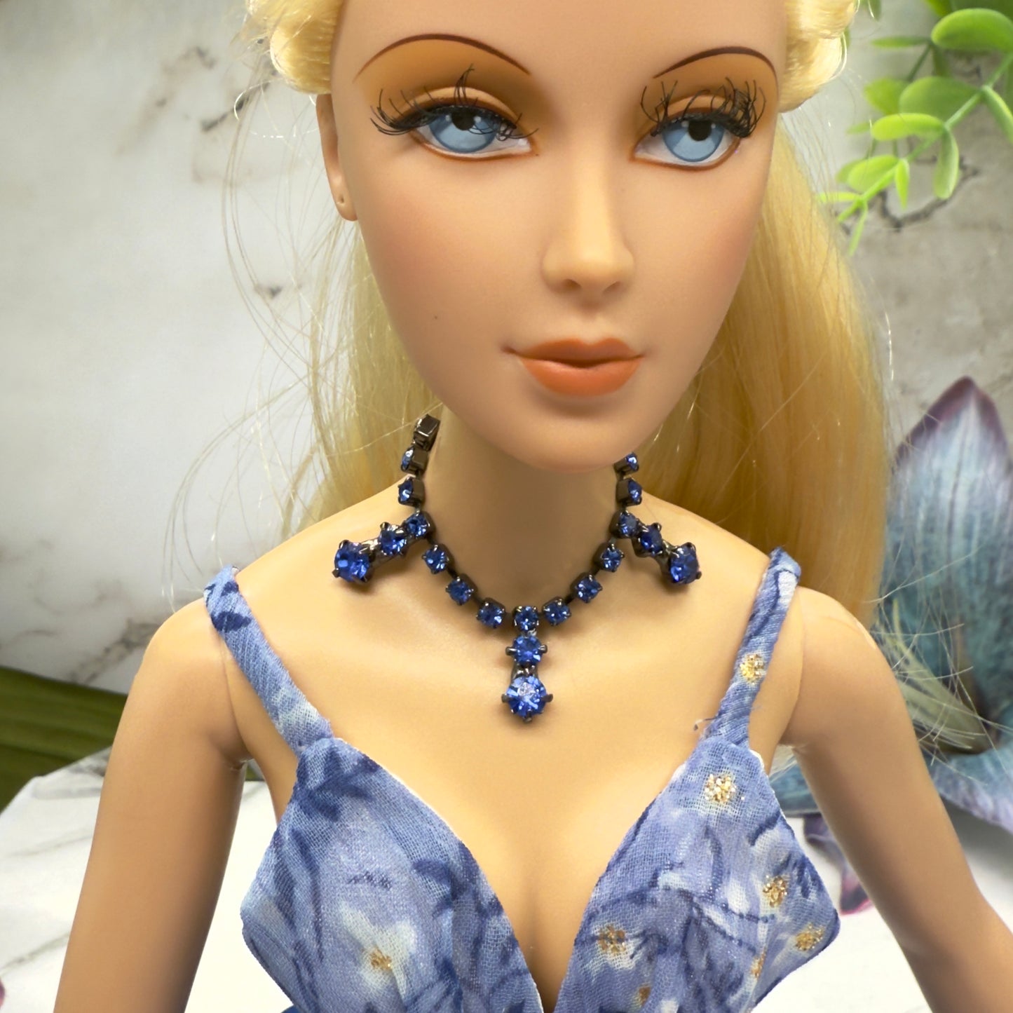 Blue Rhinestone Drop Black Metal Doll Necklace • 16 Inch Fashion Doll Jewelry