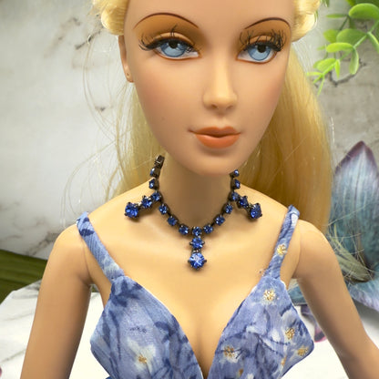 Blue Rhinestone Drop Black Metal Doll Necklace • 16 Inch Fashion Doll Jewelry