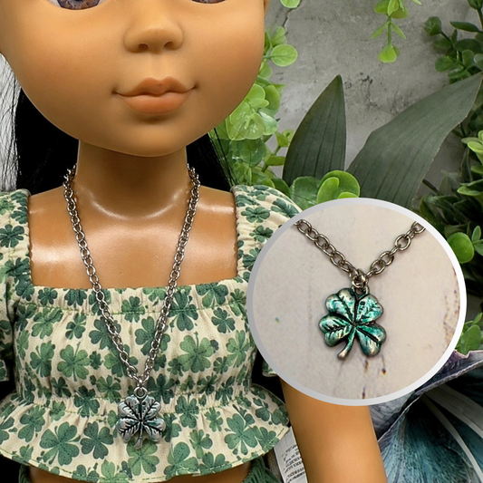 Four Leaf Clover Luck Green Enamel Silver Pendant Doll Necklace • 18 Inch Fashion Doll Jewelry