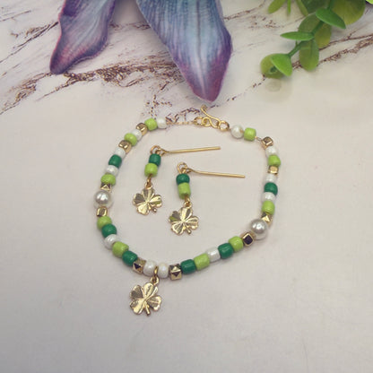 Green White Beaded Gold Shamrock Doll Necklace & Earrings Set • 18 Inch Fashion Doll Jewelry