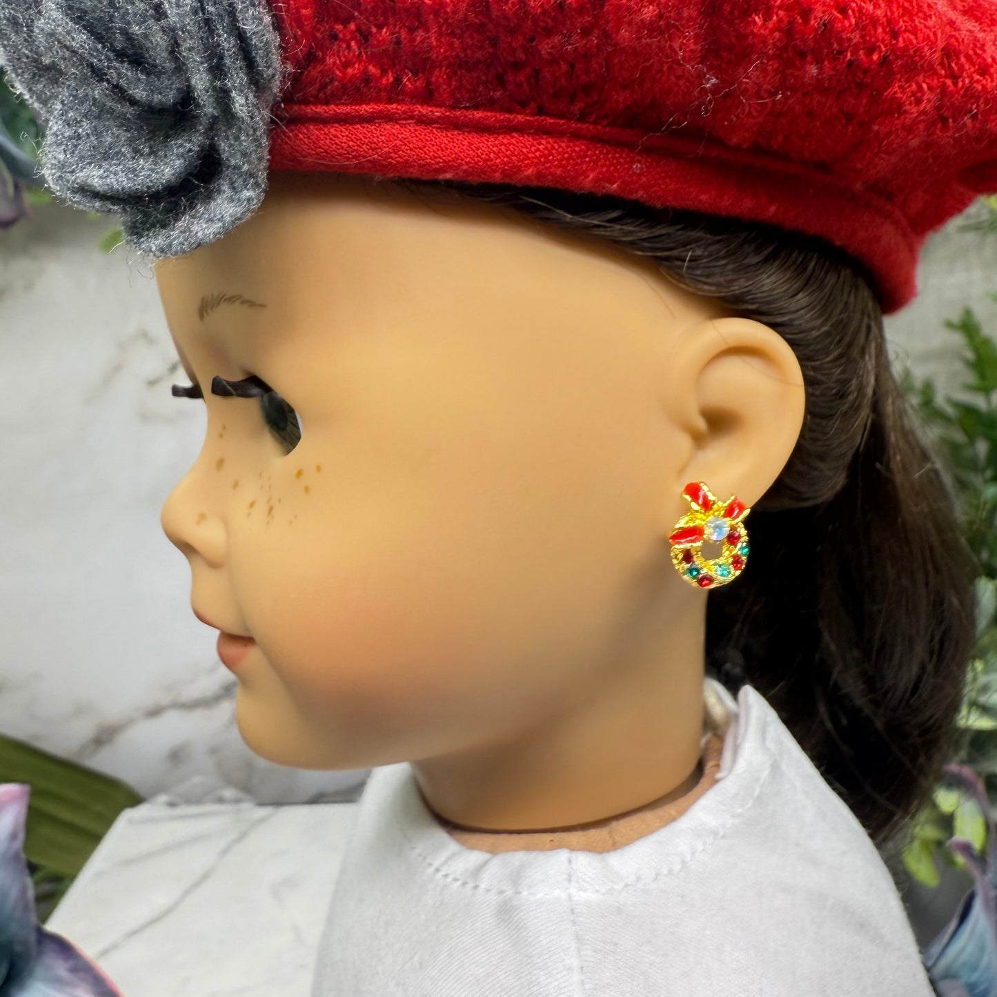 Christmas Wreath Gold Post Doll Earrings • 2mm Post for 18 Inch Fashion Doll