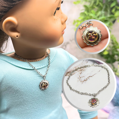 Iridescent Purple Blue Round Flower Design Charm Silver Doll Necklace • 18 Inch Fashion Doll Jewelry