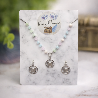 Pastel Blue Pink Green Glass Bead Silver Butterfly Charm Doll Necklace & Earrings Set • 18 Inch Fashion Doll Jewelry