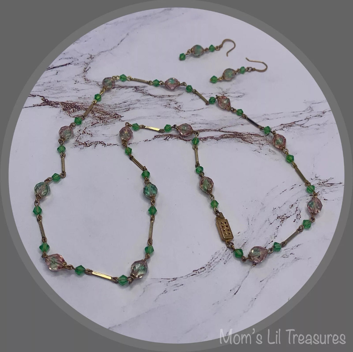 Handmade Pink Green Translucent Glass Crystal Beaded Necklace Earrings Set