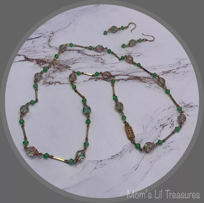 Handmade Pink Green Translucent Glass Crystal Beaded Necklace Earrings Set