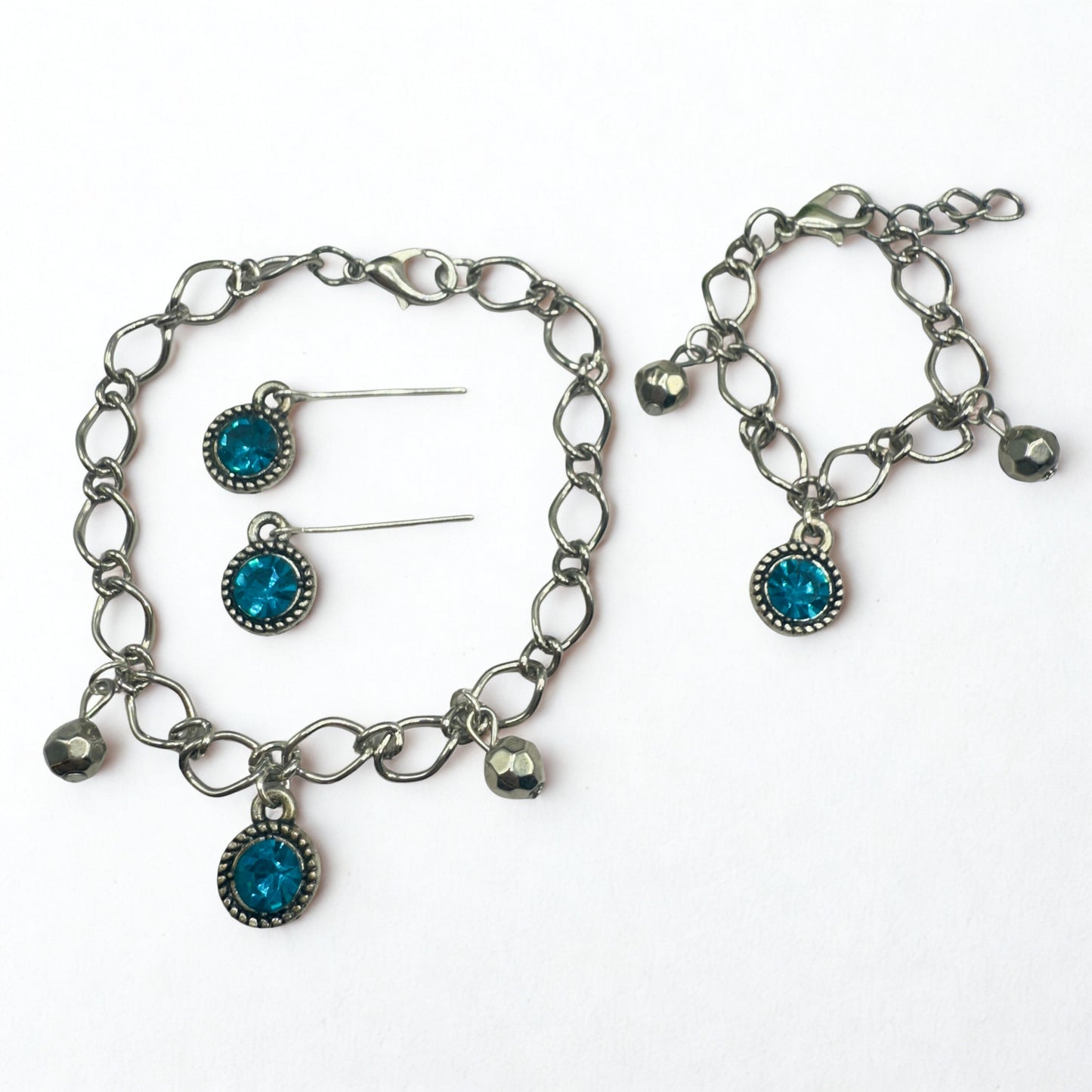 Round Turquoise Rhinestone Pendant Silver Link Doll Necklace Earrings Bracelet Set • 18 Inch Fashion Doll Jewelry