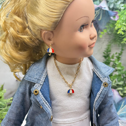 Red White Blue Patriotic Umbrella Charm Doll Necklace & Earrings for 18 Inch Fashion Doll