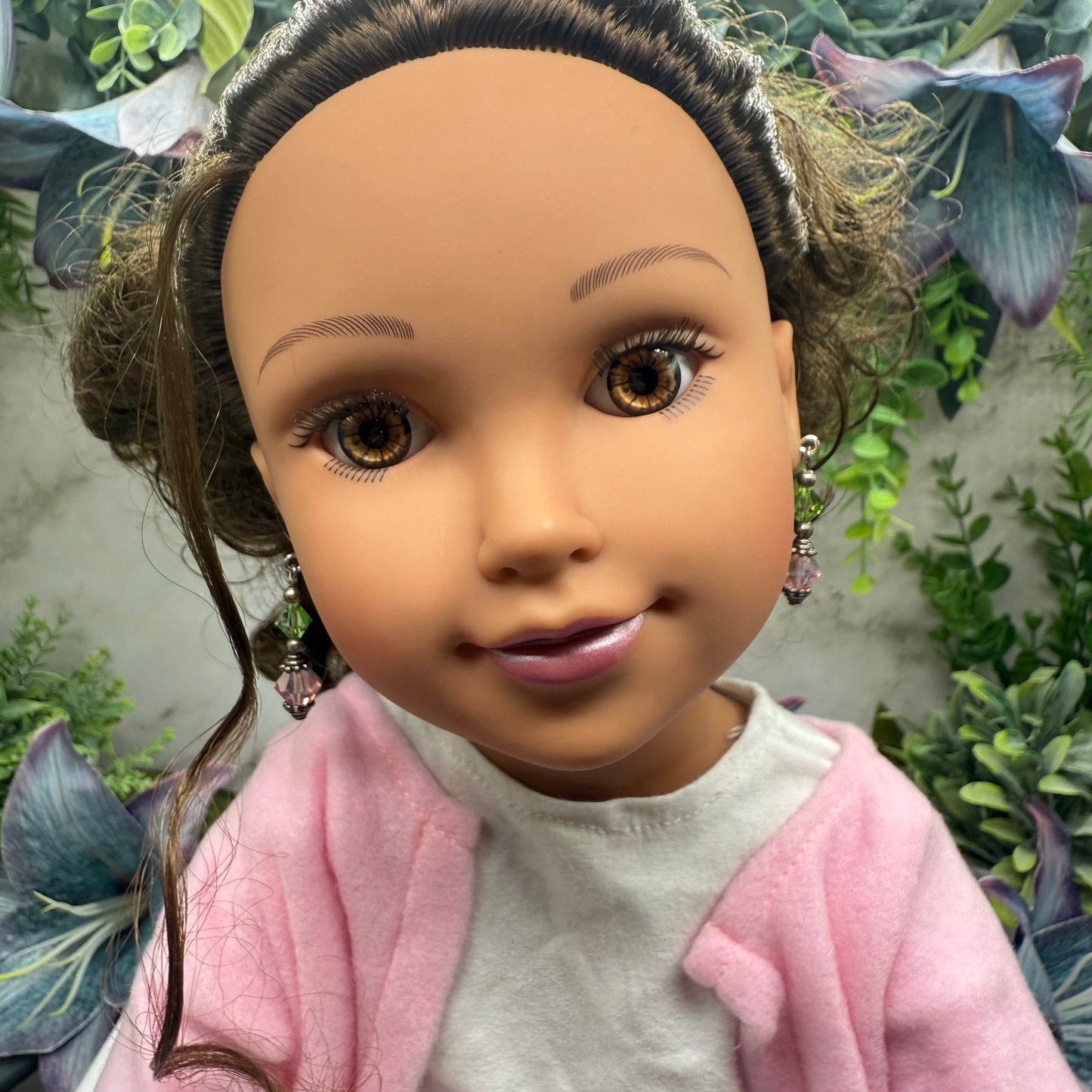 Light Green Pink Glass Crystal Dangle Doll Earrings • 18 Inch Fashion Doll Jewelry