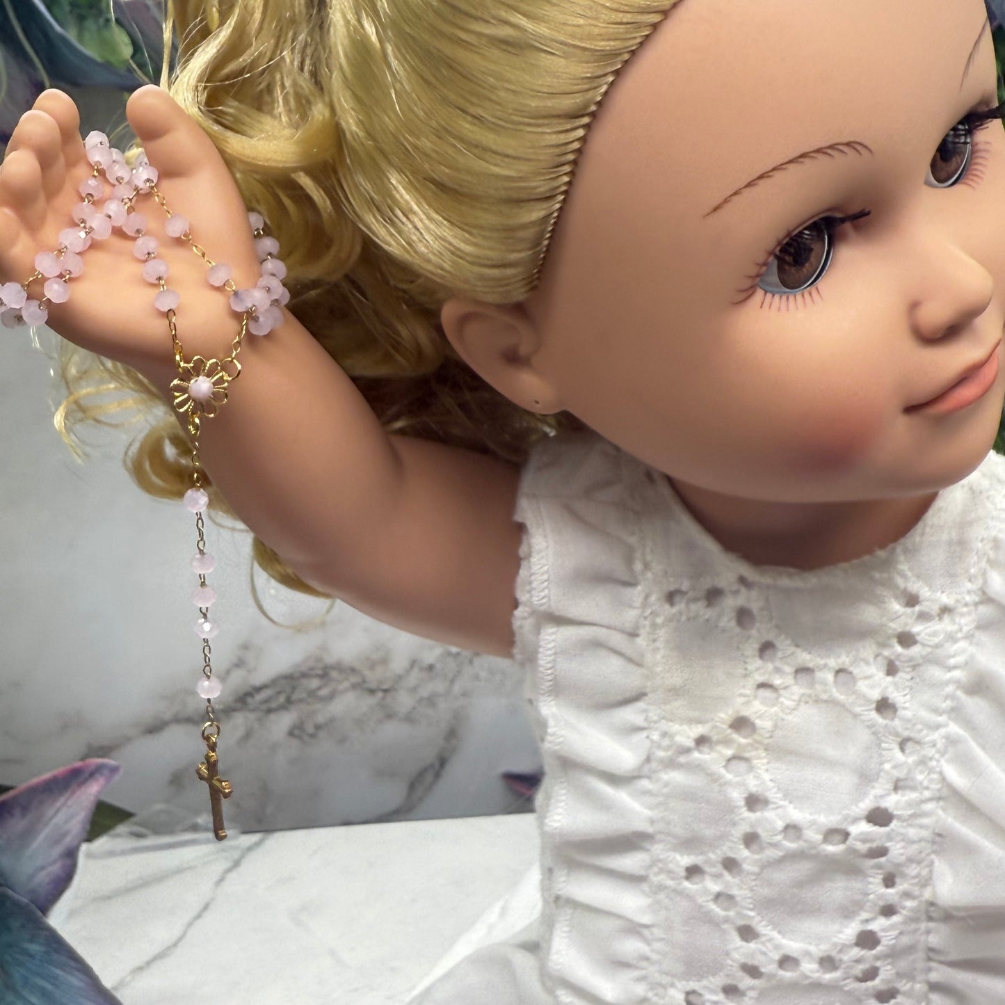 Light Pink Glass Crystal Gold Cross • Doll Size Catholic Rosary for 18-22” Fashion or Vintage Doll