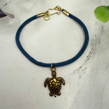 Gold Turtle Charm Blue Fabric Cord Doll Necklace• 18 Inch Fashion Doll Jewelry
