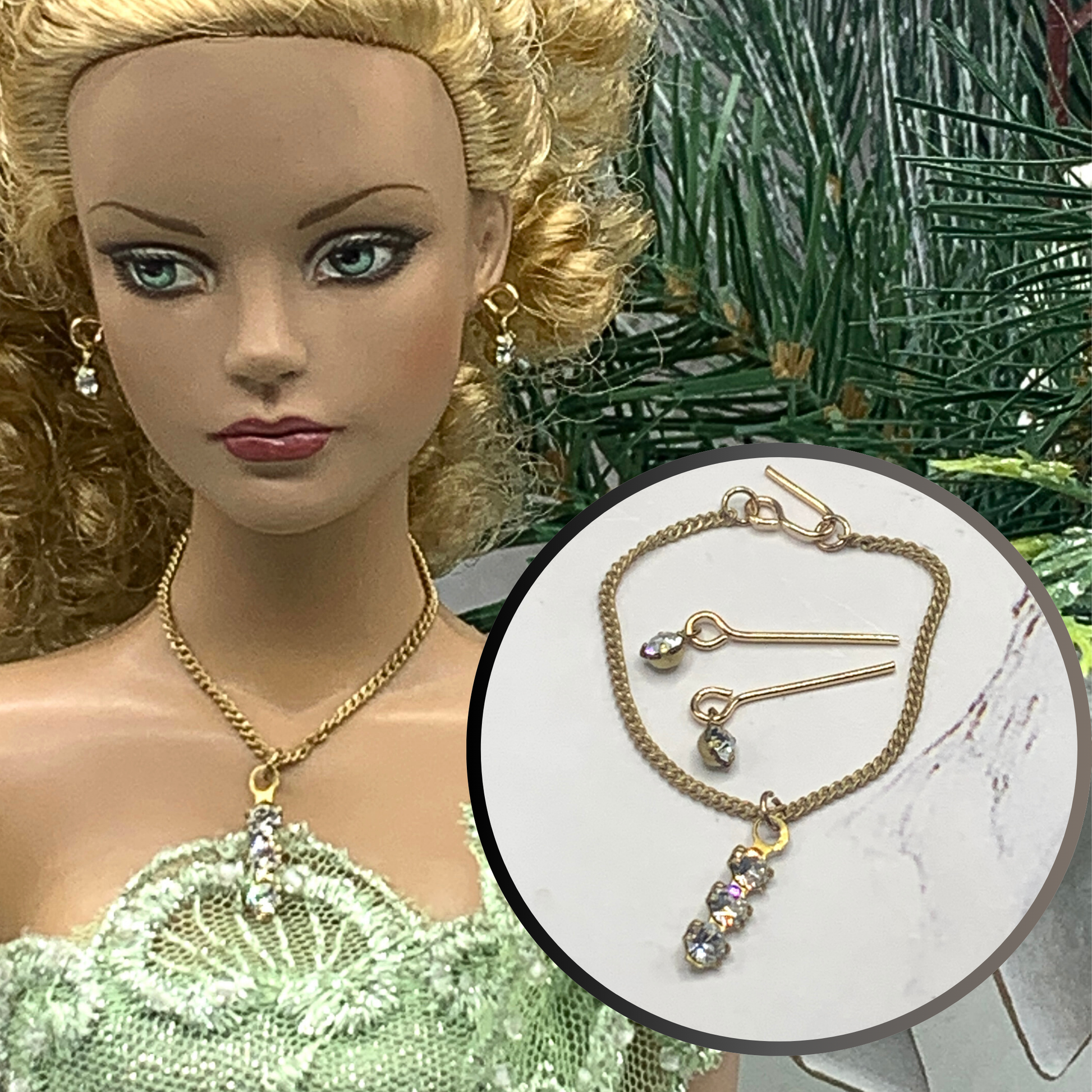 Clear Rhinestone Gold Chain Dangle Doll Necklace Earring Set • 16” Doll Jewelry