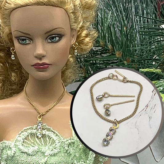 Clear Rhinestone Gold Chain Dangle Doll Necklace Earring Set • 16” Doll Jewelry