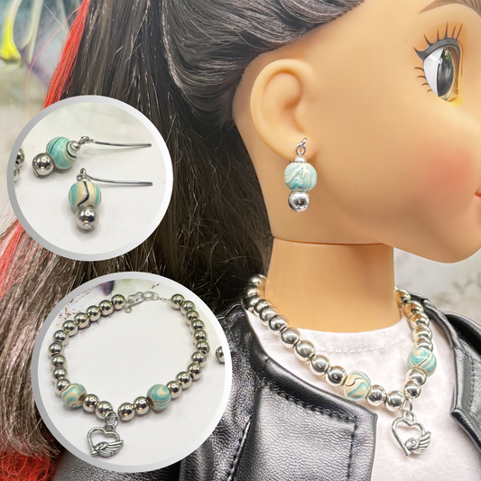 Turquoise Blue Swirl & Silver Beaded Doll Necklace & Earrings Set • 18 Inch Fashion Doll Jewelry