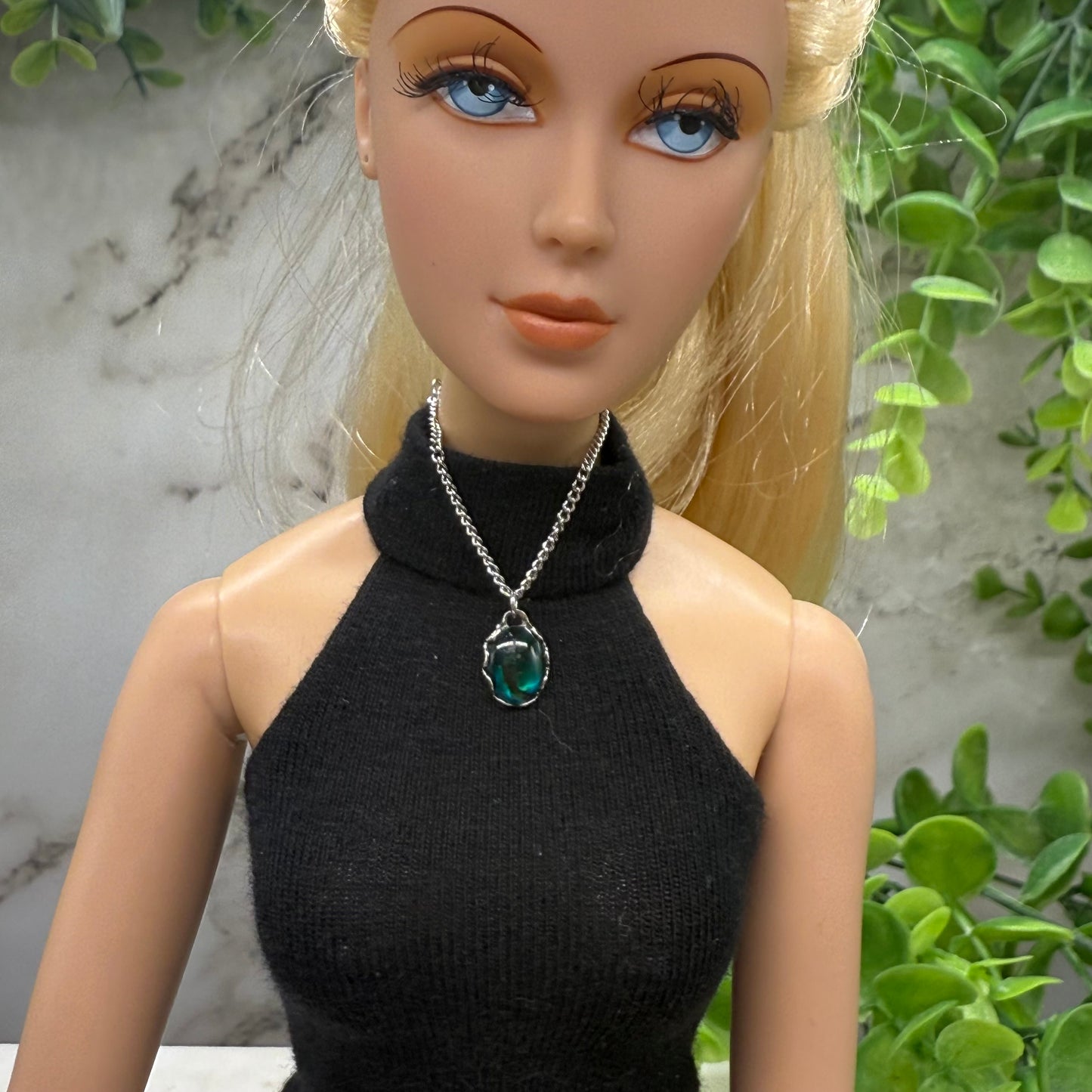 Oval Green Pendant Silver Chain Necklace • 16 inch Fashion Doll Jewelry