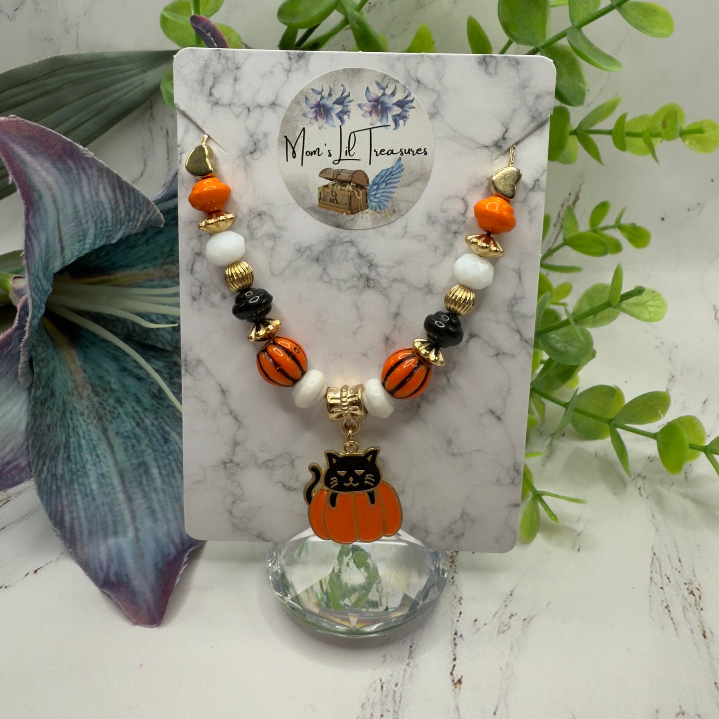 Cat in Pumpkin Charm Halloween Beaded Doll Necklace • 18 Inch Fashion Doll Jewelry