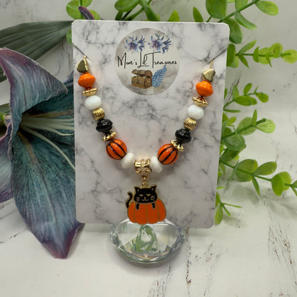 Cat in Pumpkin Charm Halloween Beaded Doll Necklace • 18 Inch Fashion Doll Jewelry