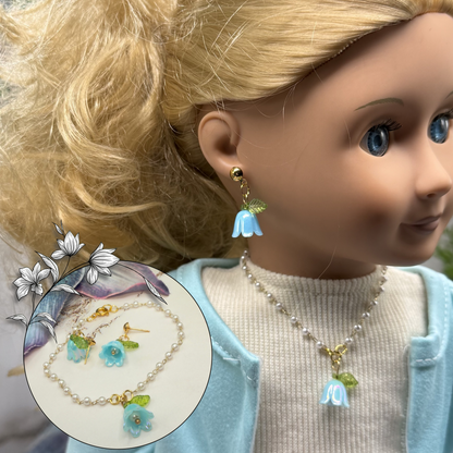 Turquoise Blue Bell Flower Lily of Valley Charm Pearl Beaded Doll Necklace & Earrings • 18 Inch Fashion Doll Jewelry