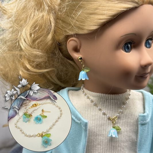 Turquoise Blue Bell Flower Lily of Valley Charm Pearl Beaded Doll Necklace & Earrings • 18 Inch Fashion Doll Jewelry