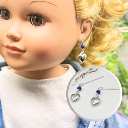 Silver Heart Blue Crystal Dangle Doll Earrings • 18 Inch Fashion Doll Jewelry