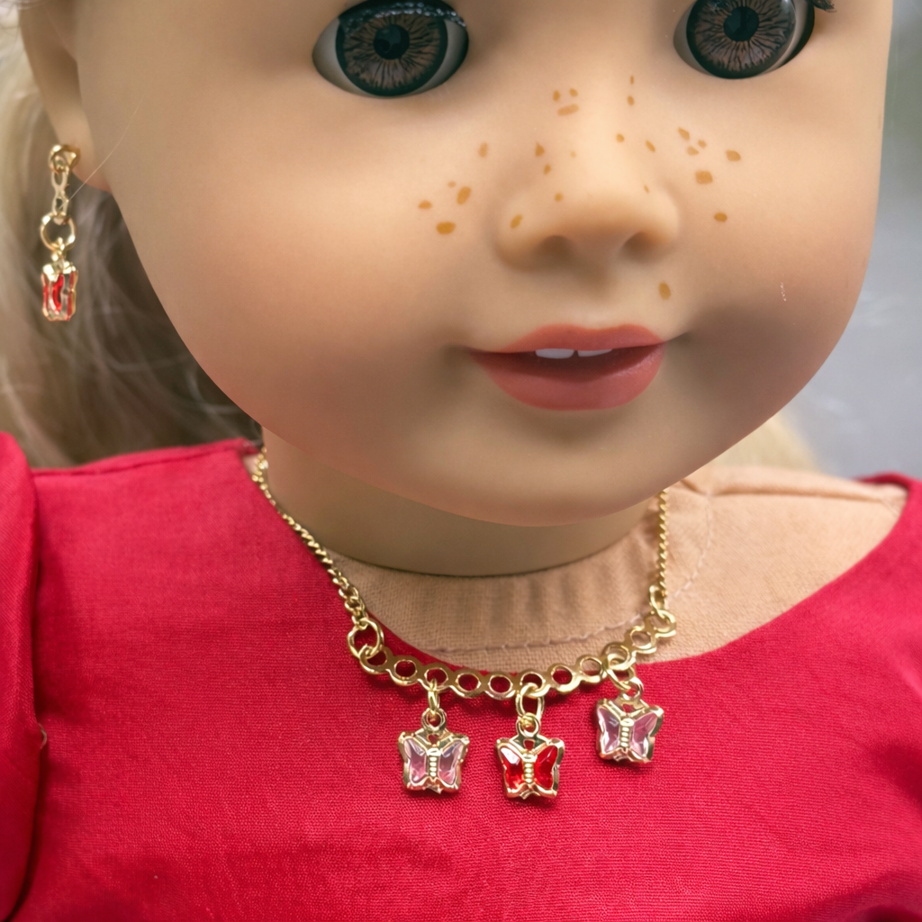Red & Clear Butterfly Crystal Charms Gold Chain Doll Necklace and Earrings • 18 Inch Fashion Doll Jewelry