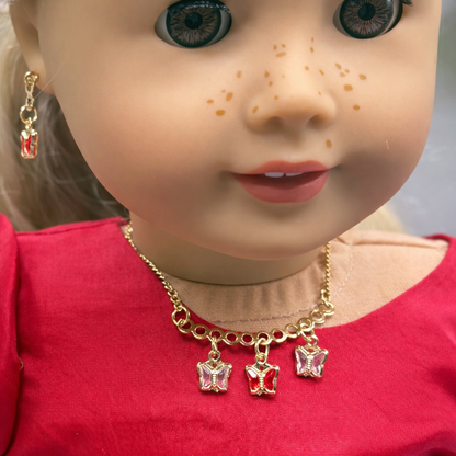 Red & Clear Butterfly Crystal Charms Gold Chain Doll Necklace and Earrings • 18 Inch Fashion Doll Jewelry
