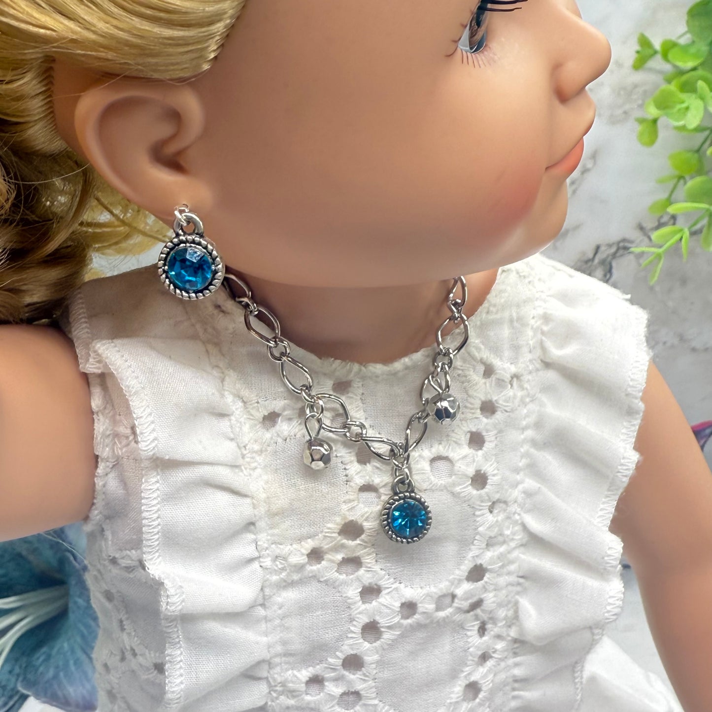 Round Turquoise Rhinestone Pendant Silver Link Doll Necklace Earrings Bracelet Set • 18 Inch Fashion Doll Jewelry