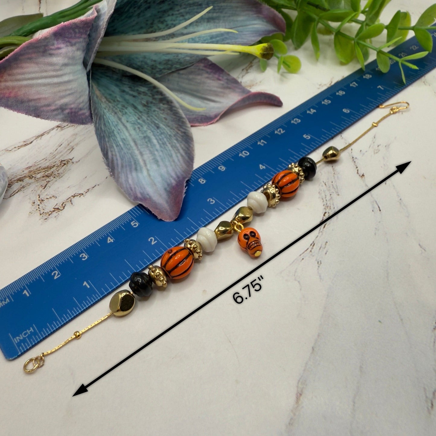 Skull Charm Halloween Acrylic Slide Bead Gold Chain Doll Necklace and Earrings Set • 18 Inch Fashion Doll Jewelry