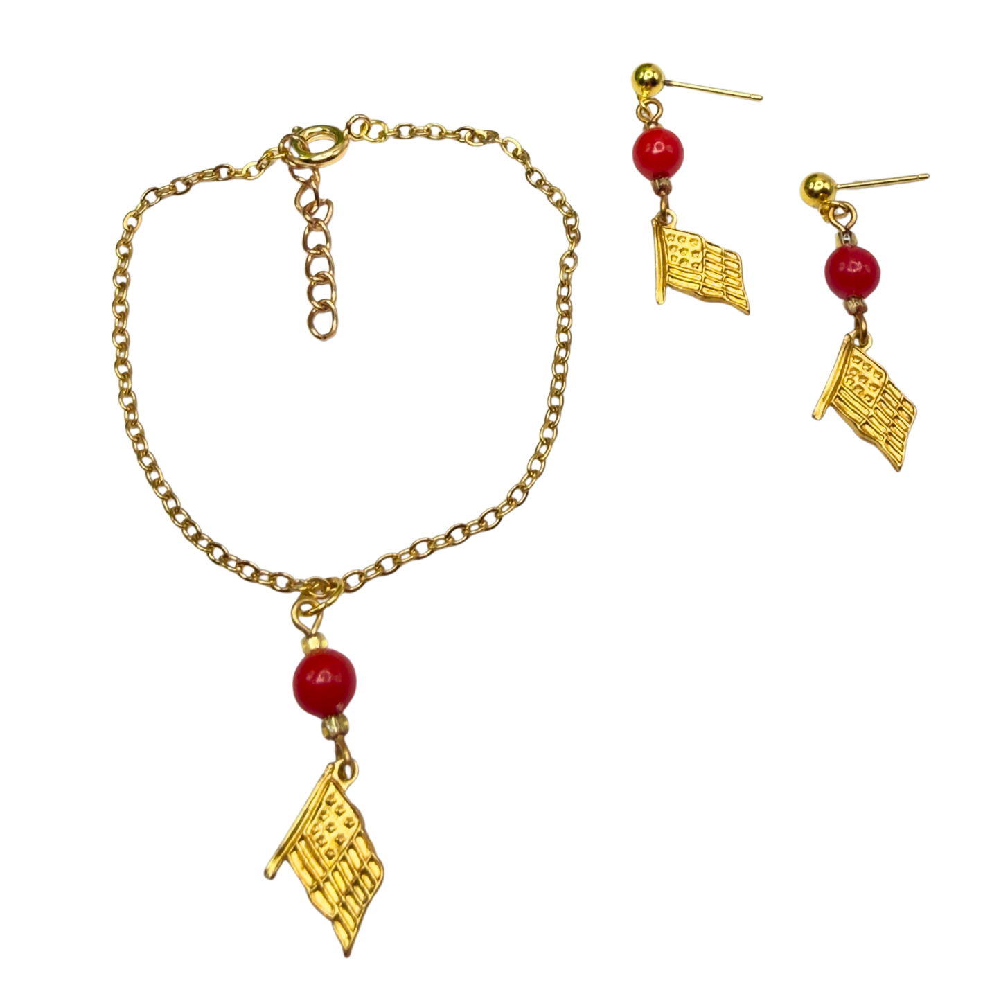 Red Bead Gold Flag Dangle Doll Necklace & Earrings Set for 18 Inch Fashion Doll