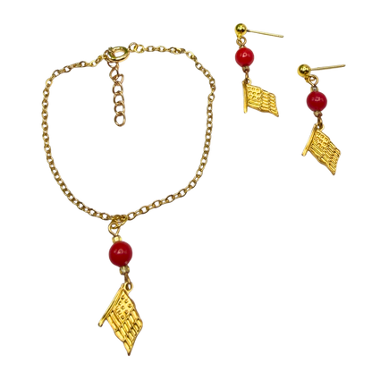 Red Bead Gold Flag Dangle Doll Necklace & Earrings Set for 18 Inch Fashion Doll