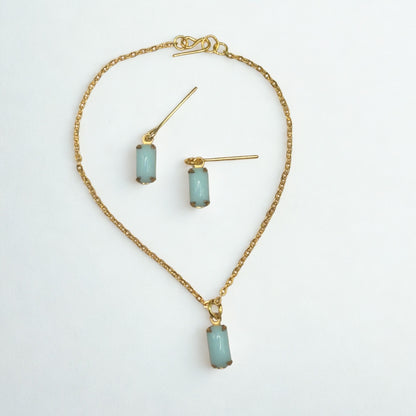 Blue Glass Rectangular Dangle Gold Chain Doll Necklace Earrings Set • 18 Inch Fashion Doll Jewelry