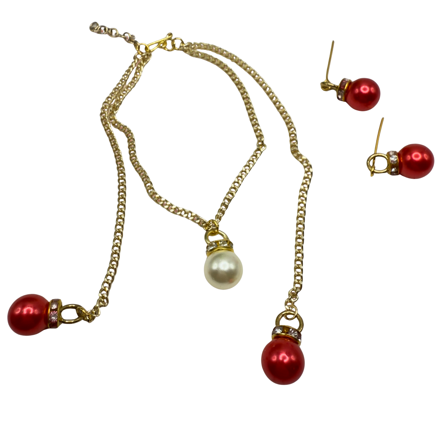 Red Pearl Christmas Ornament Layer Doll Necklace & Earrings • 18 Inch Fashion Doll Jewelry